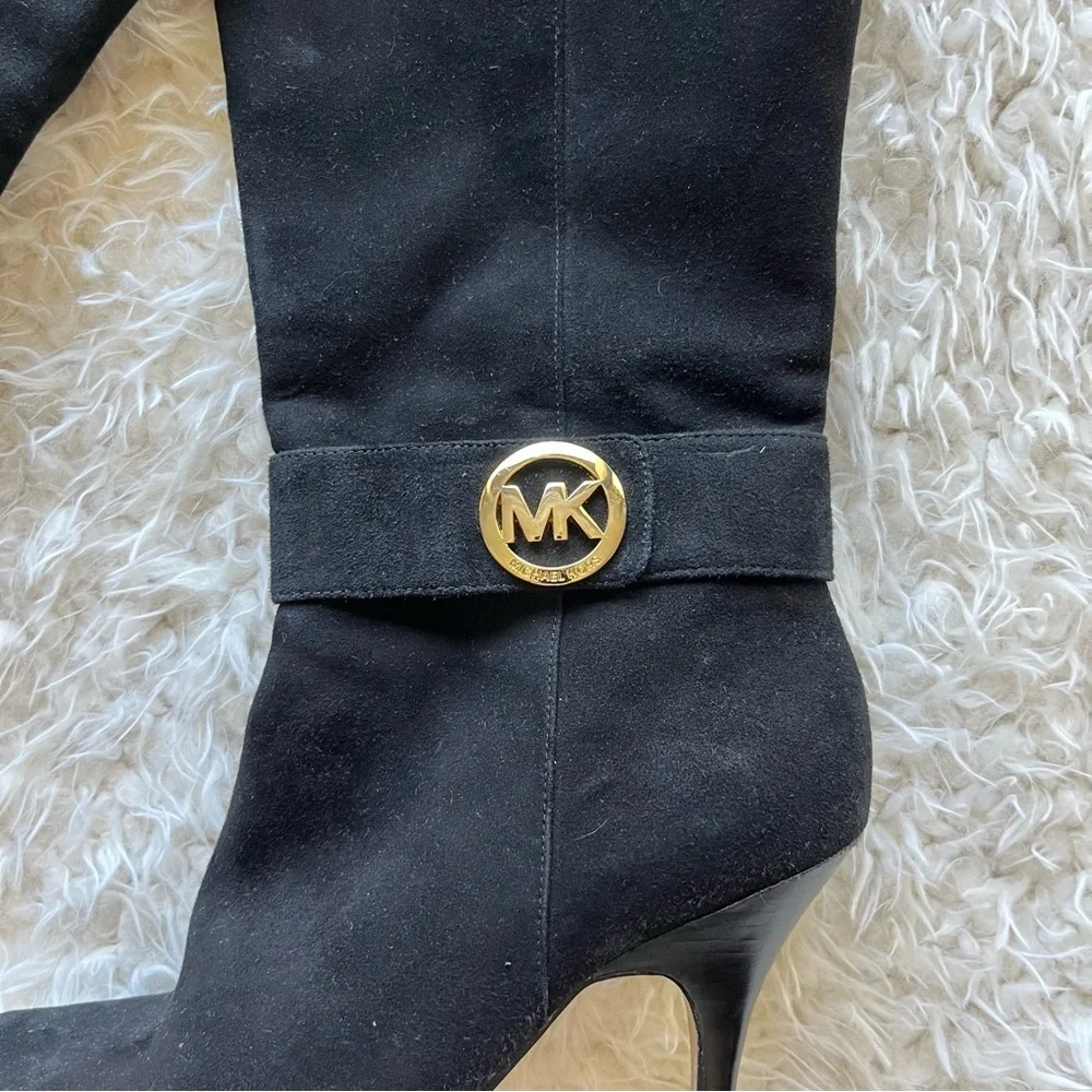 Michael Kors Caroline Suede Leather Boots‎ High Heel Black Size 8 Gold Logo Used
